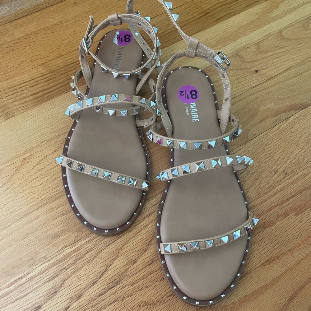Tan Crystal Embellished Flat Sandals never used